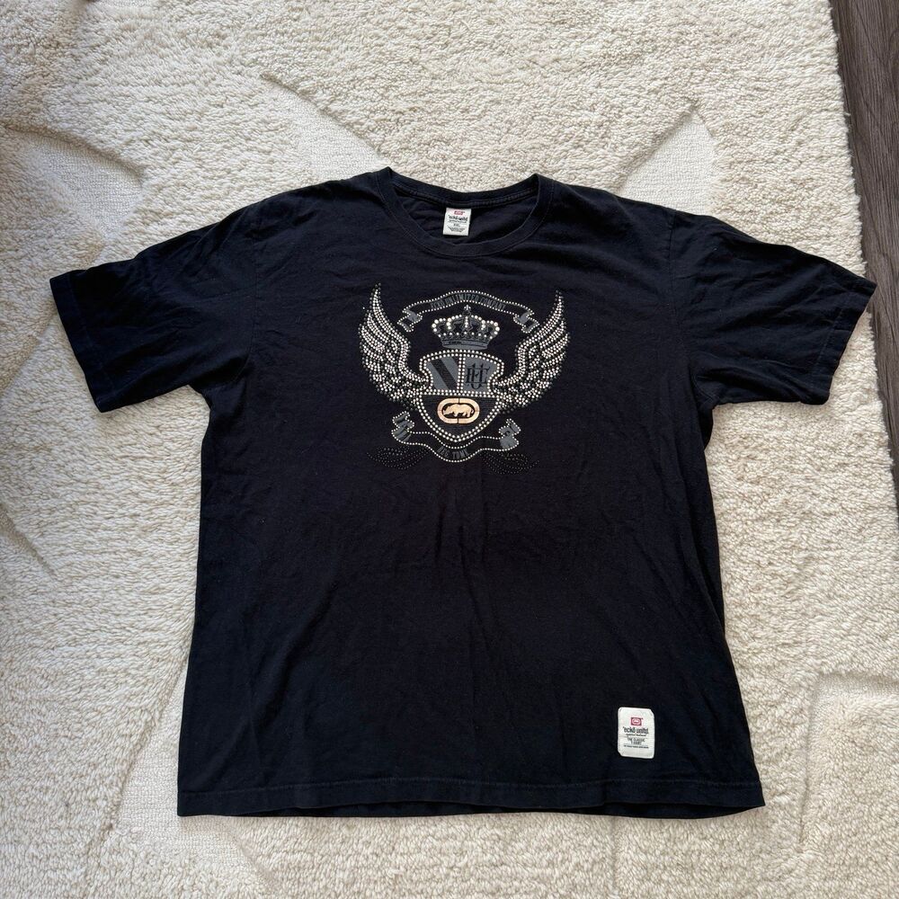 Vintage Y2K Ecko Unltd Rhinestone Graphic Tee Shirt Black Mens XXL
